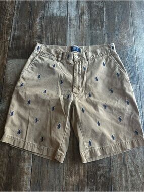Polo Ralph Lauren Tan Shorts Chino Khakis Navy All Over Ponies Graphic Mens 32